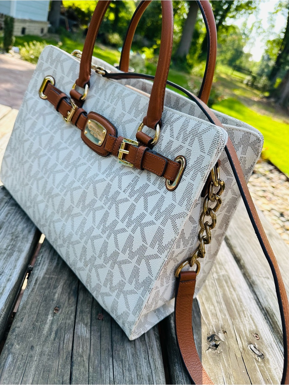 Michael Kors White Monogram Satchel with Brown Trim and Gold Hardware